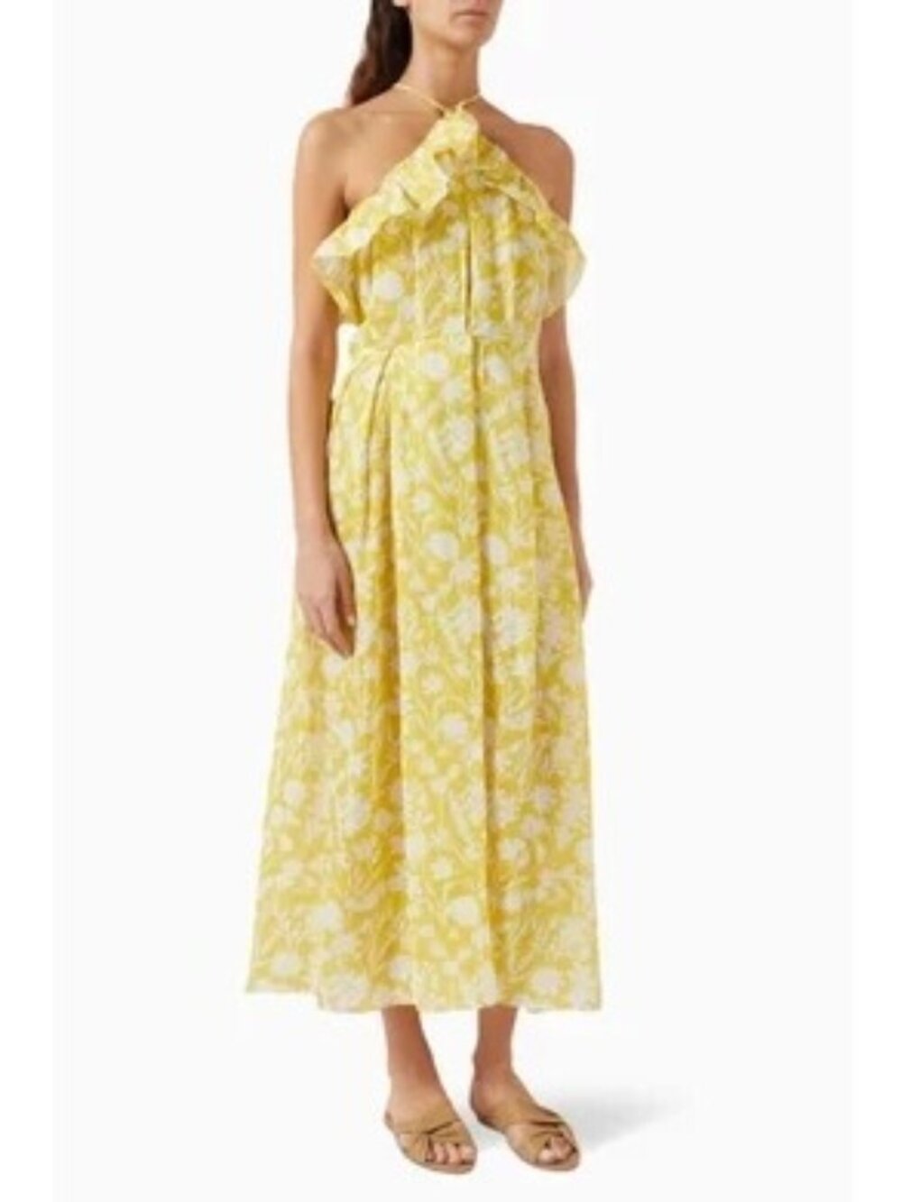 Bambah Dubai Yellow Geometric Ruffle Halter Maxik Dress, Resort Wear, Sz M, NWT